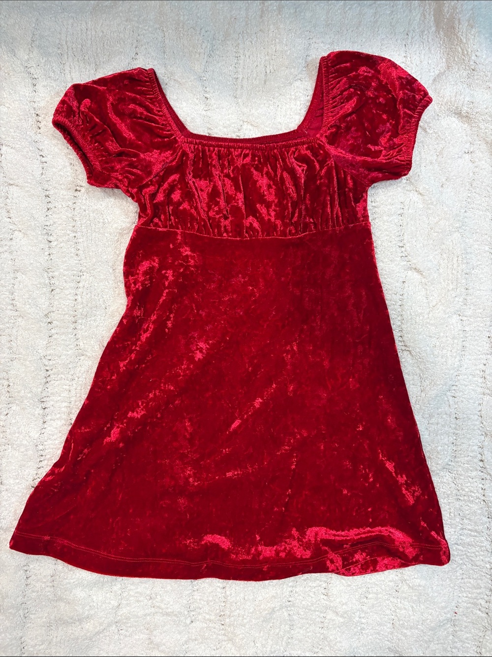 Girls' Red Velvet Puff Sleeve Dress - Casual Party Dress